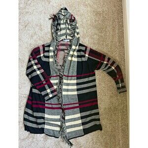 Absolute Women’s Plus 2X Plaid Hooded Open Front Fringe Cardigan Black Gray